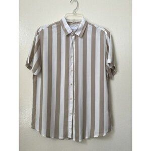 Denim & Flower White Brown Striped Print Short Sleeve Button Up Shirt Size Small